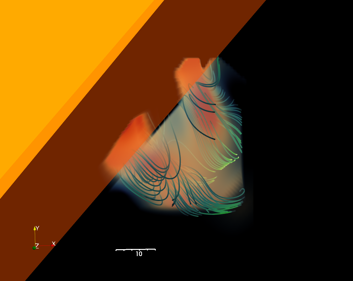 Volume rendering of the reconstructed prominence: two dense orange feet joined by fainter plasma, threaded by green magnetic-field lines, beside the solar limb.